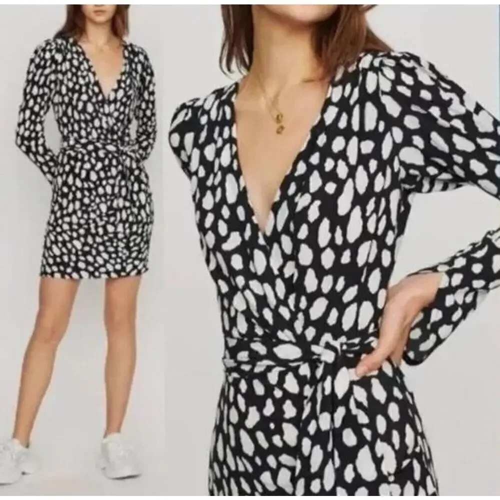Maje Rosima Dress Size 1 Small Black White Print Ruched Wrap Puff Sleeve New